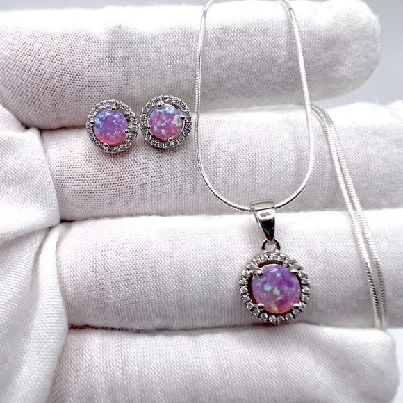 Sterling Silver Halo Pink Fire Opal Cz Set - Picture 3 of 17